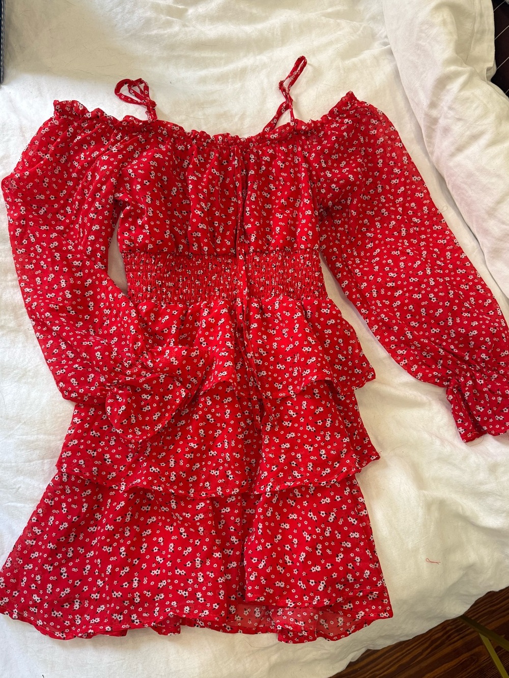 Red Floral Off-Shoulder Ruffle Dress